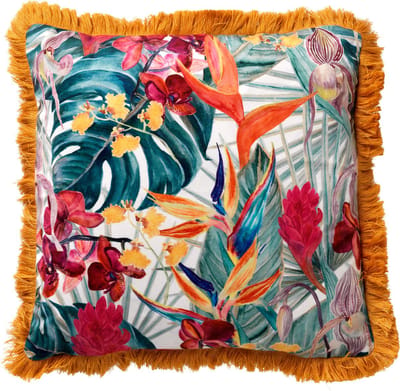 Dutch Decor TROPICANA - sierkussen 45x45 cm - bloemenpatroon - franjes - Golden Glow - geel - Inclusief binnenkussen