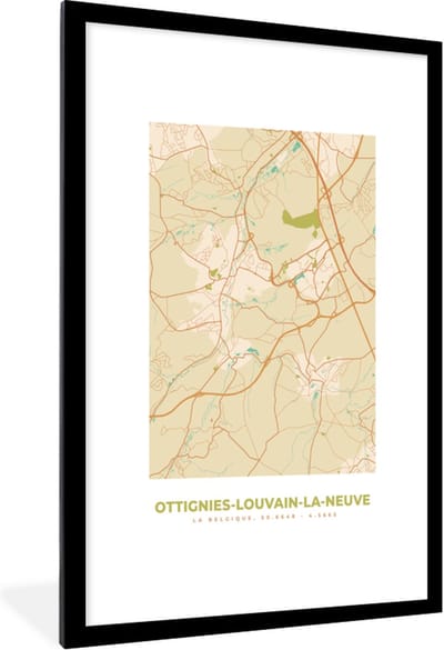 Fotolijst incl. Poster - Stadskaart - België - Ottignies-Louvain-la-Neuve - Kaart - Plattegrond - 80x120 cm - Posterlijst