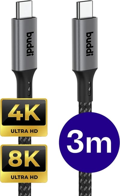 Buddi Flex USB-C naar USB-C Kabel - Power Delivery - 4K/8K@60Hz Video kabel - 20Gbps Dataoverdracht - Beeldscherm Display Monitor PC Kabel - O.a compatibel met laptop, PC & Macbook - 3M - Zwart