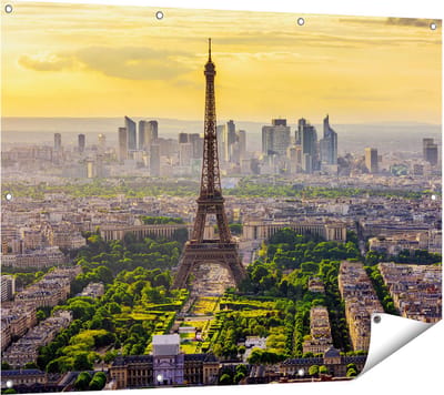 Gards Tuinposter Skyline van Parijs met de Eiffeltoren - 120x90 cm - Tuindoek - Tuindecoratie - Wanddecoratie buiten - Tuinschilderij