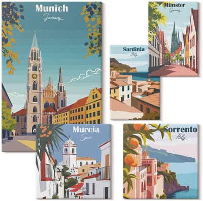 Wallfluent Set van canvas schilderijen - Europese steden: uitzicht op architectuur en landschappen Canvas Schilderijen Set - Set van 5 Canvas Schilderijen - Veelkleurig Set van Canvas Prints - Steden Canvas Kunst Set - Boheemse Canvas Kunst Set