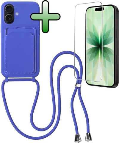 Hoes Geschikt voor iPhone 17 Hoesje Pas Houder Case Hoes Met Koord Met Screenprotector - Hoesje Geschikt voor iPhone 17 Hoes Met Telefoonkoord Pasjeshouder Cover - Felblauw