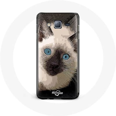 Coque pour Samsung Galaxy j3 2016 Chat Siamois Noir et blanc aux Yeux Bleus