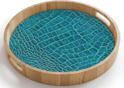 Dienblad rond 40x40 cm - Schootdienblad hout - Krokodillenleertextuur - Blauw - Exotisch - Borrelplank rechthoek - Plateau houten dienbladen