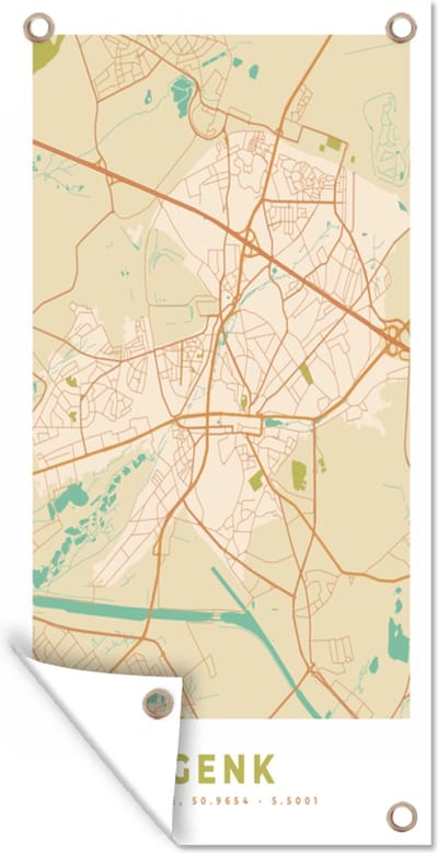 Schuttingposter Kaart - Genk - Stadskaart - Vintage - Plattegrond - 100x200 cm - Tuindoek