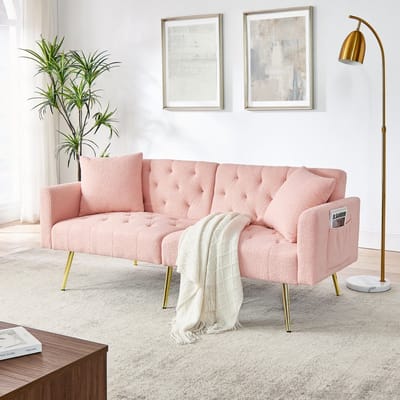 DESMIU Slaapbank 177 Cm - 2-Zits Met 3-Voudig Verstelbare Rugleuning En 2 Kussens - Voor Woonkamer En Klein Appartement - Teddy Roze