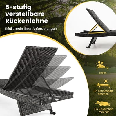 Ligstoel inklapbaar tuin en terras 195x61x38-97 cm – verstelbare relaxstoel met wieltjes en gevoerde zitting, PE-rotan zonnebed voor buiten – Nicolehome