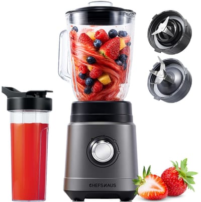 CHEFSHAUS Kitchen Blender - 1,5L Glas & 700ml To-Go beker - Grijs/Zwart - 1200W Smoothie maker - BPA-vrij - Krachtig, stil en eenvoudige reiniging
