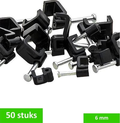 TQ4U kabelclip / spijkerclip plat - Kabel tot 6 mm breed - Kunststof - Stalen nagel 17 mm - Zwart - 50 stuks