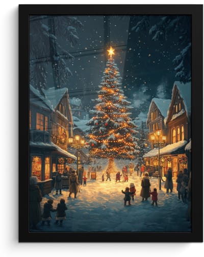 Poster in lijst - Fotolijst 30x40 cm - Posters - Kerstfeest - Dorp - Donker - Posterlijst zwart - Decoratie - Wanddecoratie woonkamer - Muurdecoratie slaapkamer - Kerstversiering - Kerstdecoratie voor binnen - Kerstmis