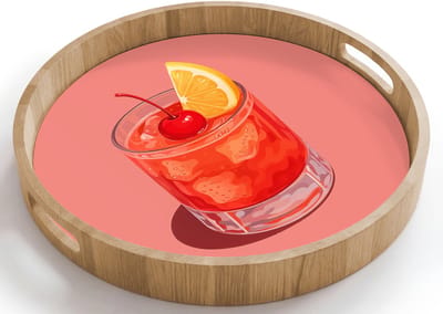 Dienblad rond 40x40 cm - Schootdienblad hout - Glas - Ijsblokjes - Citroen - Kers - Borrelplank rechthoek - Plateau houten dienbladen