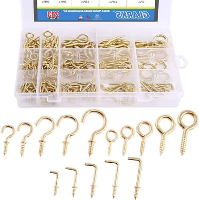 213-delige assortiment met messing-plated schroefogen, schroef-in plafondcups, haken en vierkante buighaken voor ophangbehoeften