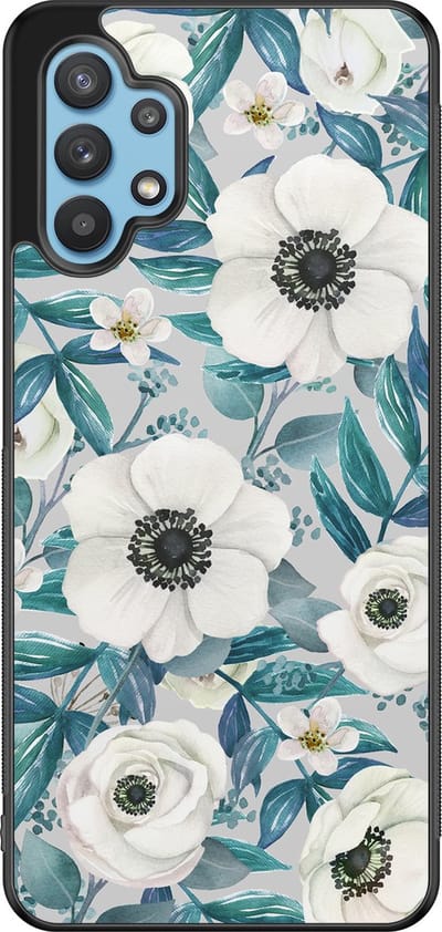 Leuke Telefoonhoesjes - Hoesje geschikt voor Samsung Galaxy A32 5G - Witte bloemen - Backcover zwart - Bloemen - Blauw