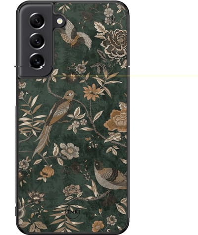 Hoesje geschikt voor Samsung Galaxy S21 FE - Khaki golden flowers - Groen - TPU case - Print - Hardcase zwart telefoonhoesje