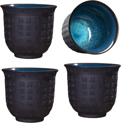 Set van 4 Kleine Aziatische Keramische Theekopjes: Handgemaakte Mokken zonder Handvat, Vaatwasserbestendig, Perfect voor Thee, Sake en Espresso