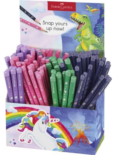Potlood Faber Castell grafiet Dino en Unicorn HB 80x standaard en 60x HB Jumbo in koker