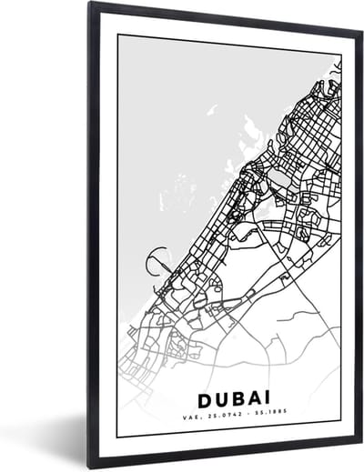 Fotolijst incl. Poster Zwart Wit- Dubai - Kaart - Stadskaart - Plattegrond - Zwart Wit - 40x60 cm - Posterlijst