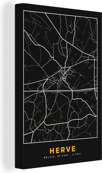Canvas Schilderij Herve - Goud - Stadskaart - Plattegrond - Kaart - 20x30 cm - Wanddecoratie