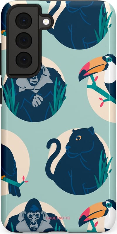Casetastic hoesje geschikt voor Samsung Galaxy S21 FE 5G - Dubbellaagse bescherming - Wilde Dieren Mix - Fashion Case - Lichtgrijs Donkerblauw Crème Donkergrijs