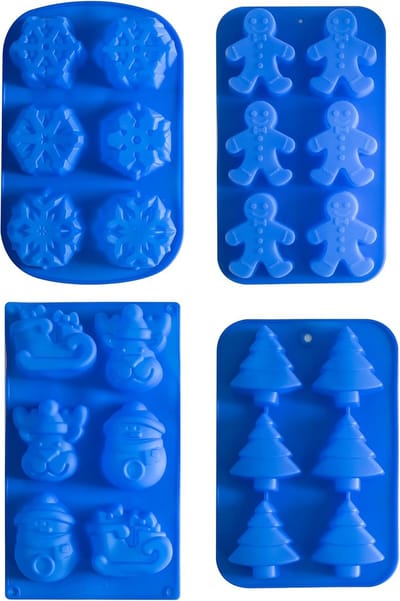 Kerst Bakvorm Set van 4 - Silicone Mallen voor Kerstboom, Sneeuwvlokken en Sneeuwpop