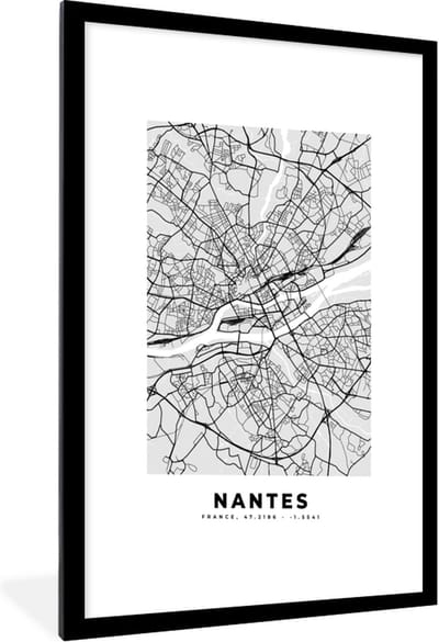 Fotolijst incl. Poster - Kaart - Stadskaart - Nantes - Plattegrond - Frankrijk - 60x90 cm - Posterlijst