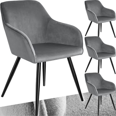 tectake® Eetkamerstoel Marilyn - Set van 4 - Met Armleuningen - Elegante Stoel met Gevoerde Zitting in Fluweellook - Gestoffeerd - Zwarte metalen poten - Ergonomische Keukenstoel - Stoel voor Woonkamer, Eetkamer en Slaapkamer - Grijs