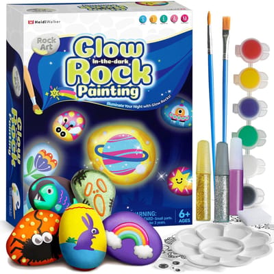 Dailygoods- Knutselset Glow in the Dark - 10 Stuks Natuurstenen - Creatief Cadeau voor Kinderen - Schilderen - Penselen en Glitters - Handleiding Inclusief - Schilderset