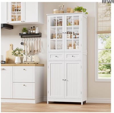 RFWR® Buffetkast met Glazen Deuren en Lades - Multifunctionele Opbergkast voor Keuken, Eetkamer en Woonkamer - 180 cm Hoog - Wit