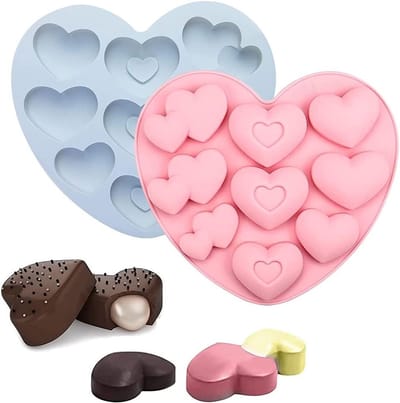 Set van 2 siliconen hartvormige mallen voor het maken van chocolade, jelly en mousse, vaatwasserbestendig, met 3 vormen en 9 gaten in roze en blauw
