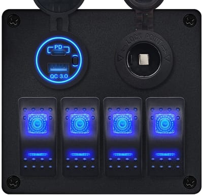 ProRide Schakelpaneel 12V voor Auto/Boot - USB/USB C Lader 2 Poorten met Sigaretten stopcontact - QC3.0 - 4 schakelaars