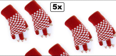 5x Paar vingerloze handschoen rood/wit geblokt - Carnaval Brabant thema feest festival