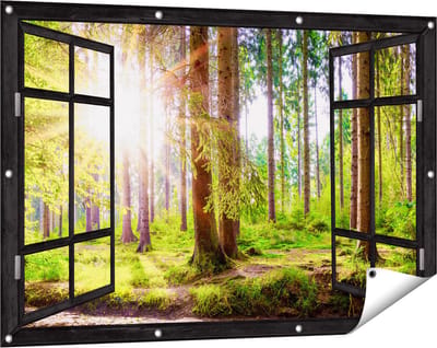 Gards Tuinposter Doorkijk Bos met Zon tussen de Bomen - 120x80 cm - Tuindoek - Tuindecoratie - Wanddecoratie buiten - Tuinschilderij