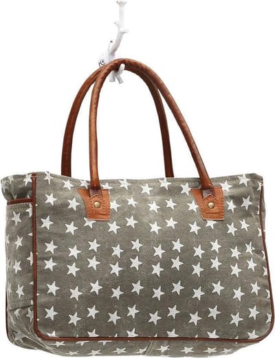 Hand/schoudertas van canvas tas met sterretjes en leer