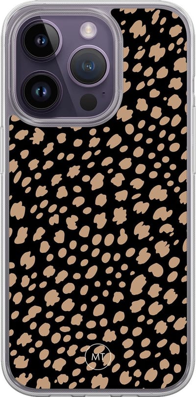 Hybride hoesje geschikt voor iPhone 14 Pro - Savannah spots - Extra bescherming - Luxe beschermhoes - TPU case - Transparant, Zwart, Bruin - Mooie Telefoonhoesjes