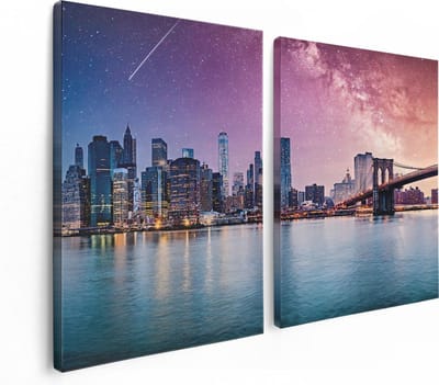 Artaza Canvas Schilderij Tweeluik New York Skyline Met Een Kleurrijke Hemel - 120x80 cm - Wanddecoratie Woonkamer - Schilderijen - Muurdecoratie