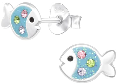 Joy|S - Zilveren vis oorbellen - 7 x 5 mm - zilver blauw met glitter - kristal - kinderoorbellen
