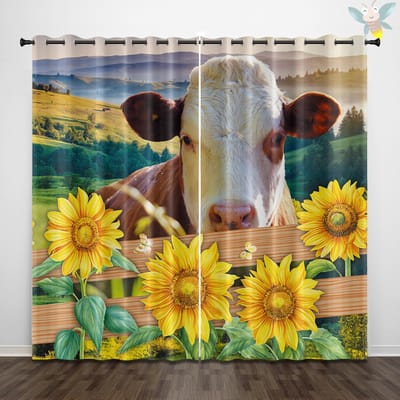 2 rideaux imprimés motif tournesol et vache, décorés dans un style rural rétro pour les chambres et les salons 140x160cm&Grommet Top black