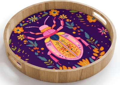 Dienblad rond 40x40 cm - Schootdienblad hout - Kever - Felgekleurd - Bloemen - Bladeren - Borrelplank rechthoek - Plateau houten dienbladen