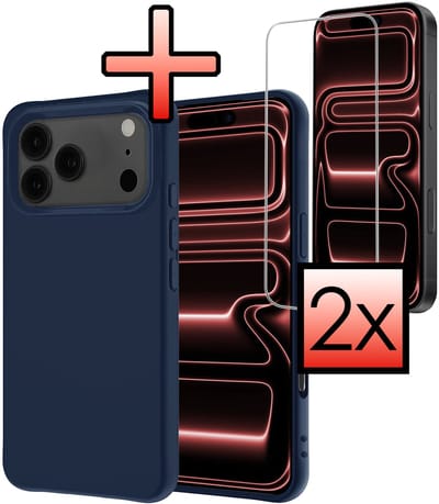 Hoesje - Met 2x Screenprotector - Geschikt voor Apple iPhone 17 Pro - Sterk & Shockproof - Back Cover - Siliconen Case - Telefoon Hoes - Donkerblauw