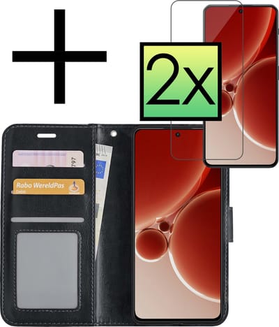 Hoesje - Met 2x Screenprotector - Geschikt voor OnePlus Nord 3 - Luxe Pasjeshouder - Bookcase Portemonee - Flip Case - Kunstleer Book Case - Flipcase Hoes - Book Cover - Walletcase - Portemonneehoes - Zwart