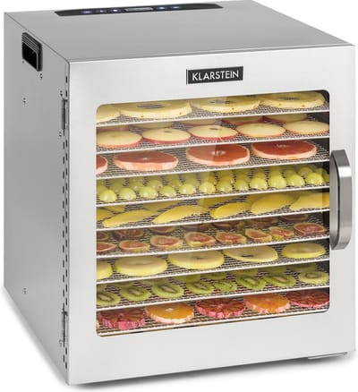 Klarstein Voedseldroger Captain Jerky 110 1000 W, temperatuur: 30 90 °C, 24 Timer, BPA , Touch bedieningspaneel, 10 inschuiven, rvs voedseldroger voor fruit, groente, opvangbak, zilver - Voedseldroger Dehydrator - Droogautomaat