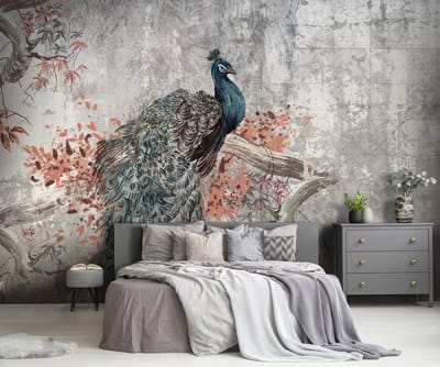 Fotobehang - Pauw - Vogel - Takken - Bladeren - Abstracte Achtergrond - Vliesbehang - 208 x 146 cm