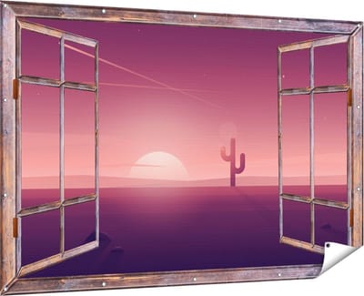 Gards Tuinposter Doorkijk Zonsondergang in de Woestijn met een Cactus - 180x120 cm - Tuindoek - Tuindecoratie - Wanddecoratie buiten - Tuinschilderij