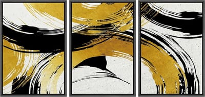 Set van 3 Ingelijste Wanddecoratie met Goud en Zwarte Geometrische Ringen - Moderne Abstracte Kunst voor Woonkamer en Slaapkamer