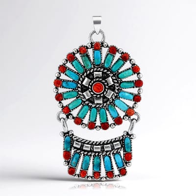 Cavill - Zilveren hanger - 925 Sterling Zilver Geoxideerd - Blauwe Kingman Mohave Turkoois 1,579 ct, Carneool 1,034 ct - Boho Edelsteen Sieraad