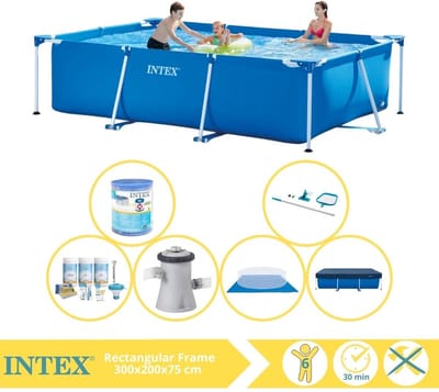 Intex Rechthoekig Frame Zwembad - 300 x 200 x 75 cm - Blauw - Inclusief Afdekzeil - Onderhoudspakket - Zwembadfilterpomp - Filter - Grondzeil - Schoonmaakset - 7-delig
