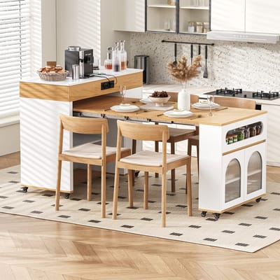 Keukeneiland - Op Wielen - Met Uitschuifbare Tafel en Geribbeld Glas - Met Stopcontact - Hout - Wit en Natuur