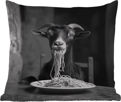 Tuinkussen - Geit - Bord - Spaghetti - Zwart Wit - 40x40 cm - Weerbestendig
