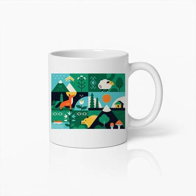 Kleurrijke Wilde Dieren & Natuur Scène Keramische Mok – Vos, Vogel, Vis & Bos Ontwerp – Eco-Geïnspireerde Koffie- & Theebeker