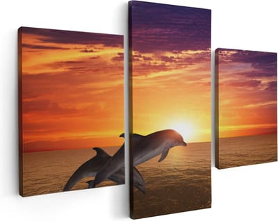 Artaza Canvas Schilderij Drieluik Twee Dolfijnen bij de Zonsondergang - 90x60 - Foto Op Canvas - Canvas Print